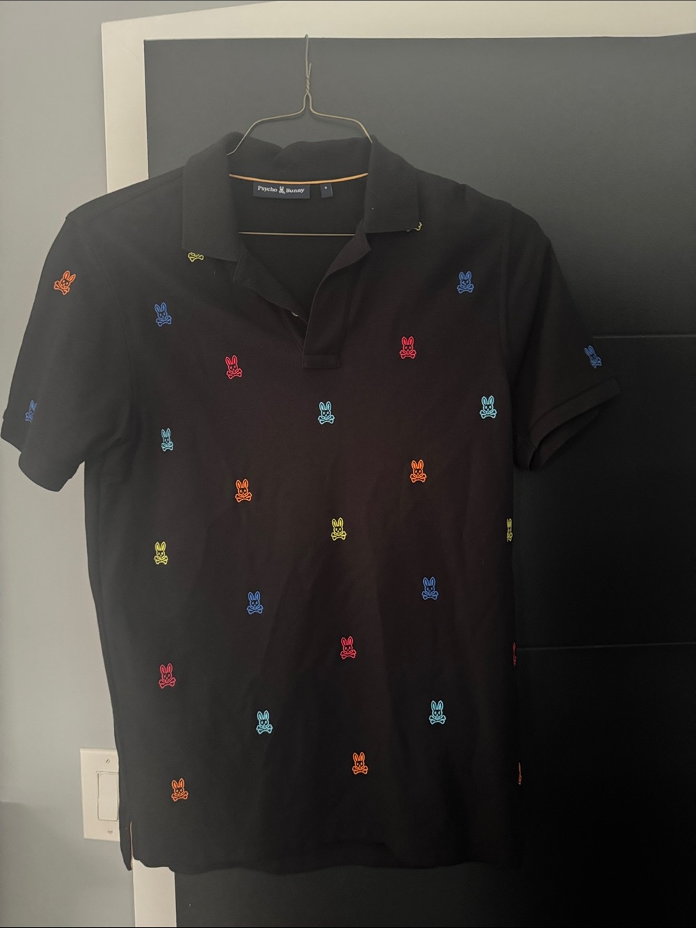 Psycho Bunny Black Polo with Multicolor Bunny Embroidery